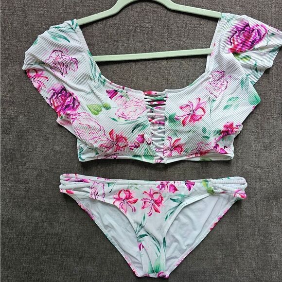 TiniBikini White & Pink Tropical Ruffle Off-Shoulder Ribbed Bikini Top & Bottoms - Picture 16 of 16